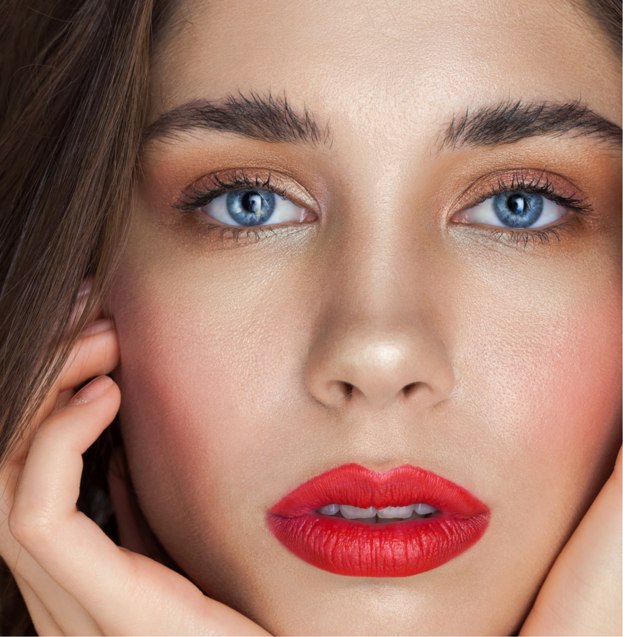 Close up of model's face with red lipstick